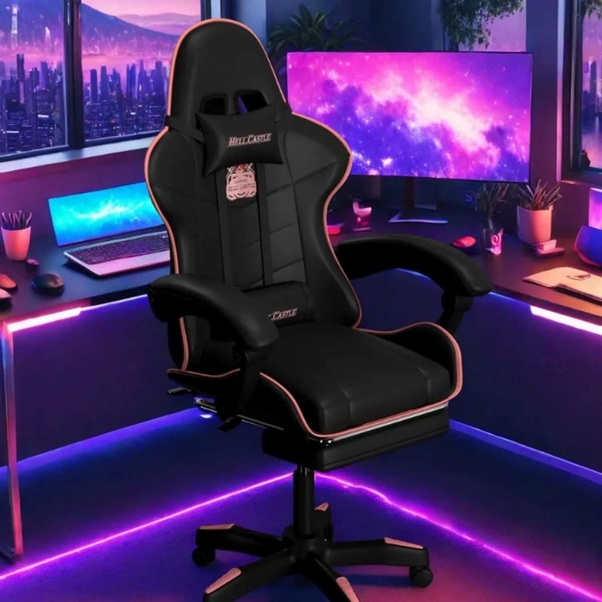 HELL CASTLE - Silla Gamer Hell Castle Reclinable  Lumbar Homer Negro Rosa
