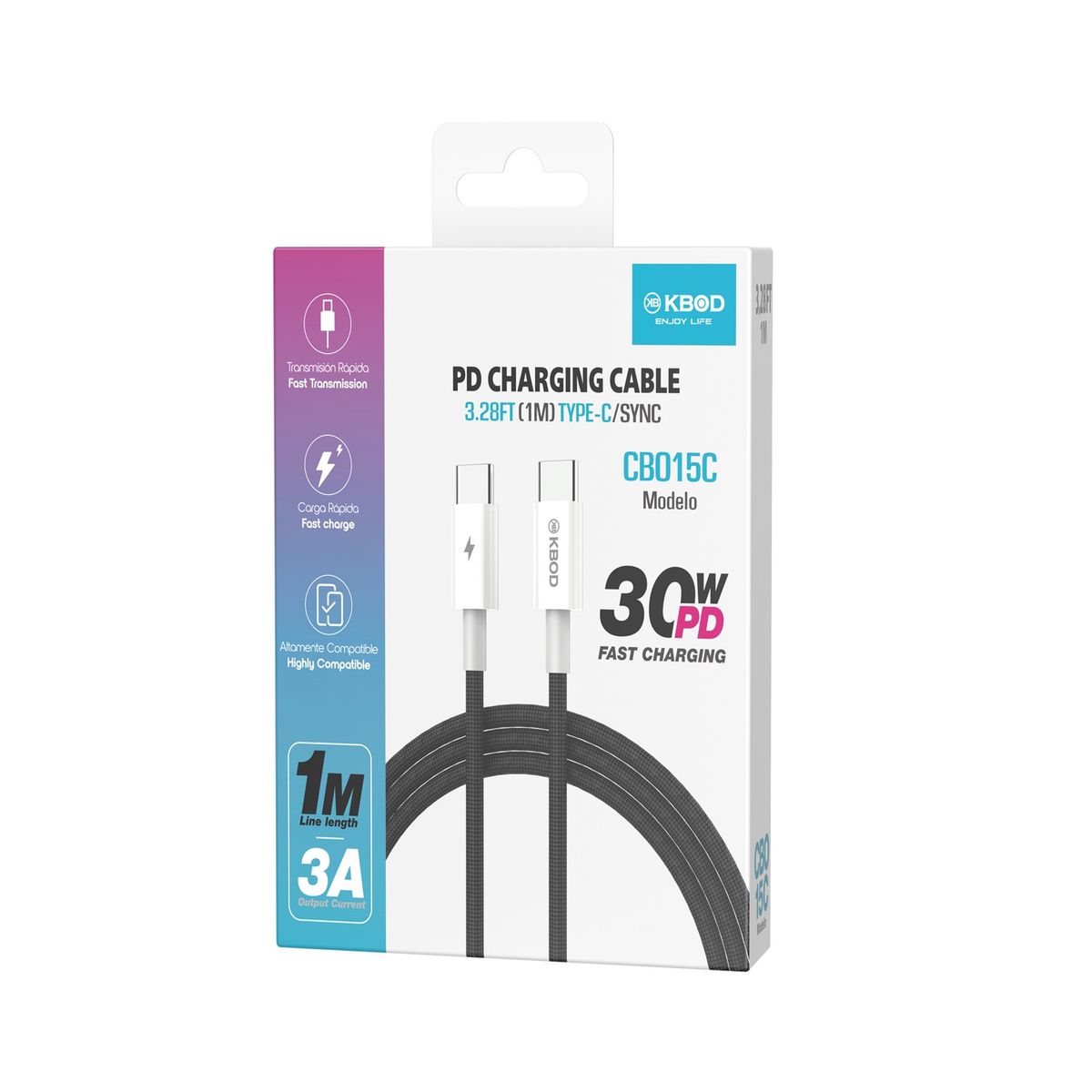 KBOD - Cable de Carga y Datos Trenzado Nylon 1mt Kbod CBO15 Tipo C Negro