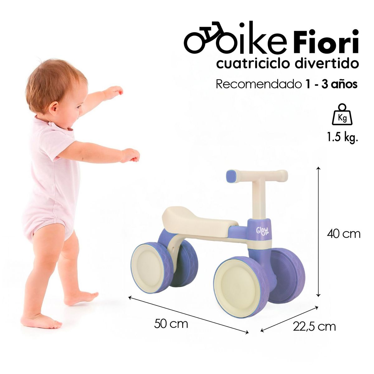 GLOWUP - Correpasillos Triciclo Infantil de 4 Ruedas Fiori Azul GlowUp