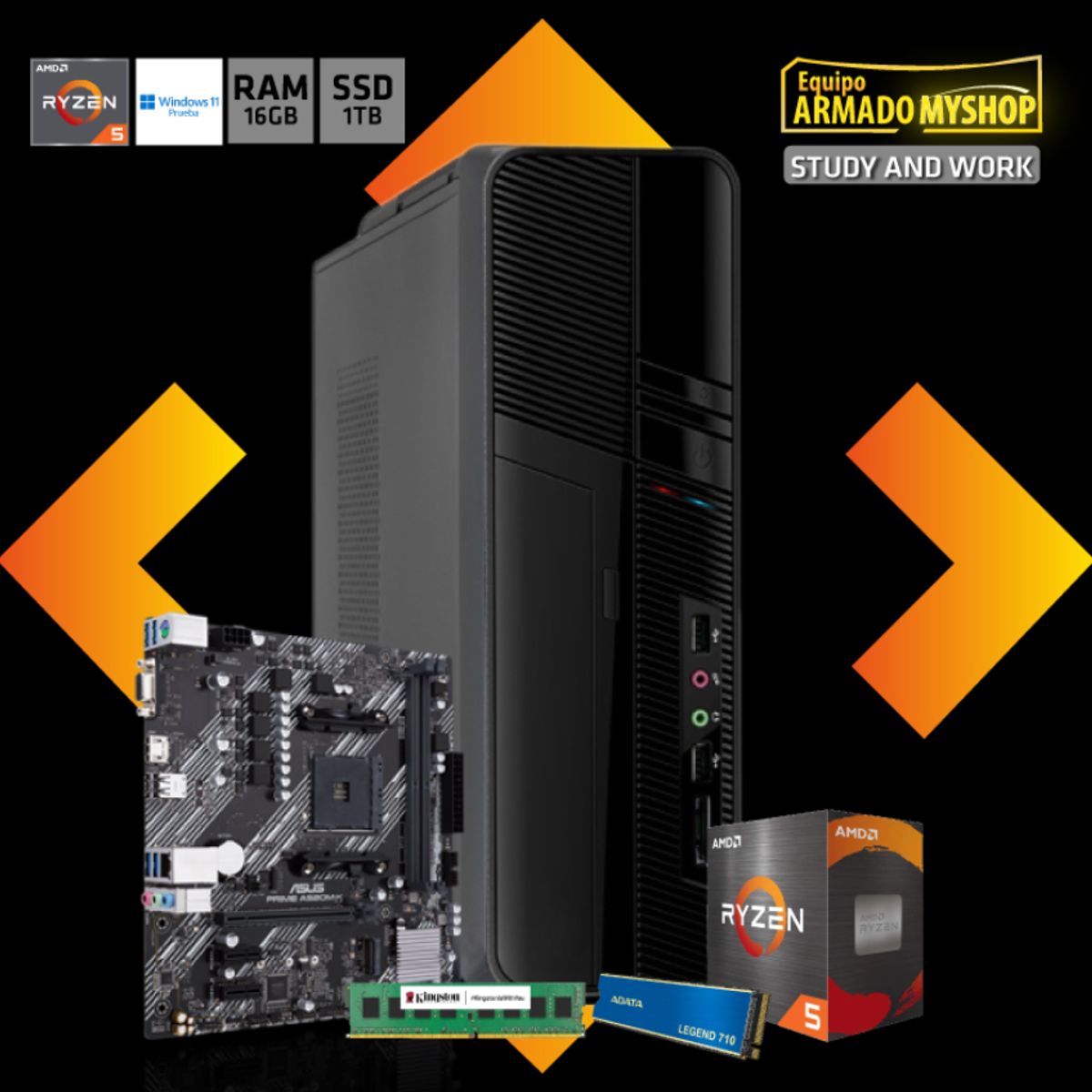 GENERICO - PC STUDY AND WORK - AMD RYZEN 5 5600GT - RAM 16GB - SSD 1TB - Gabinete CLIO 500W