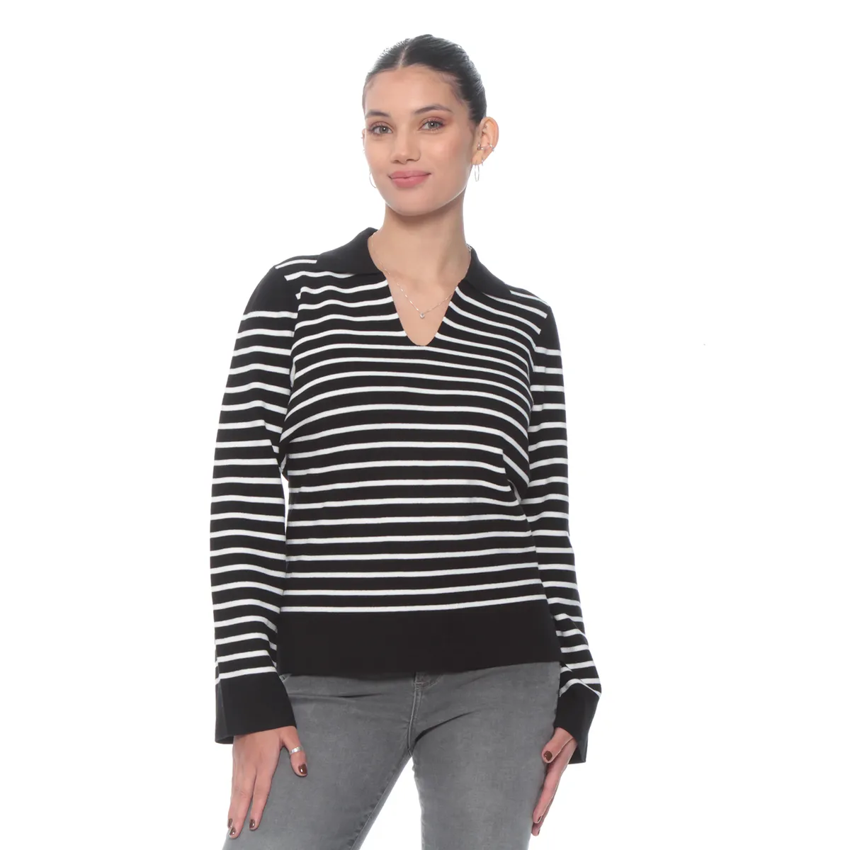 WADOS - SWEATER MANGA LARGA LISTADO ESCOTE V CON CUELLO