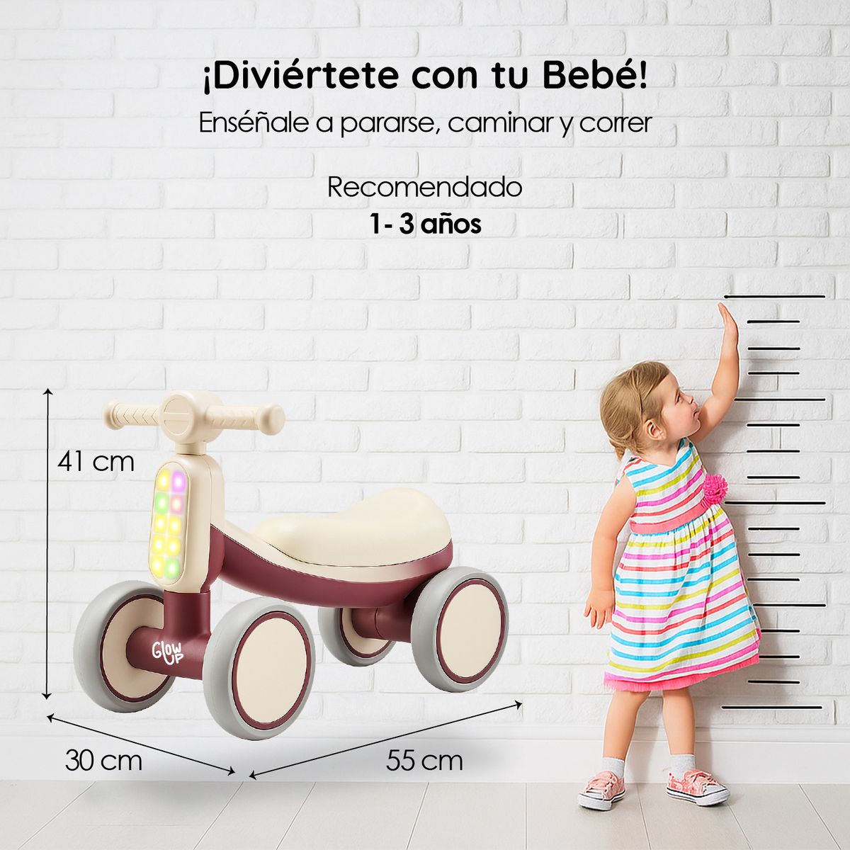 GLOWUP - Correpasillos Triciclo Infantil con Luz y Sonido Bambi Bordó GlowUp