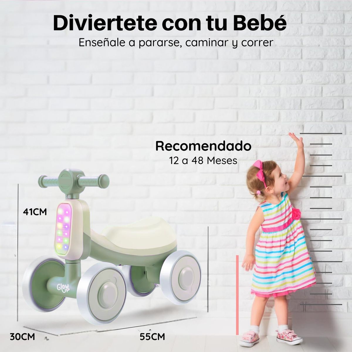 GLOWUP - Correpasillos Triciclo Infantil con Luz y Sonido Bambi Verde GlowUp