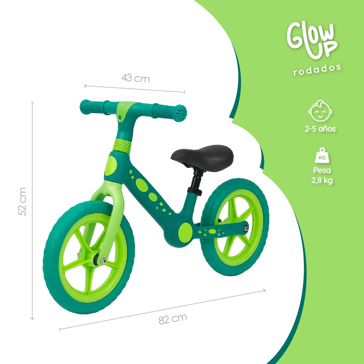 GLOWUP - Bicicleta De Equilibrio Infantil Shgat Dino Verde Glowup
