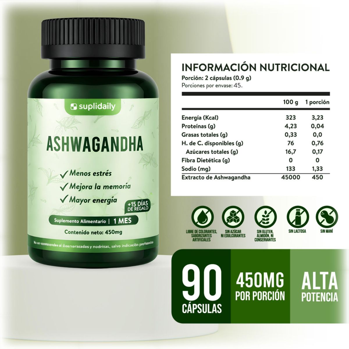 SUPLIDAILY - Ashwagandha Premium 450 Mg 90 Cápsulas Suplidaily