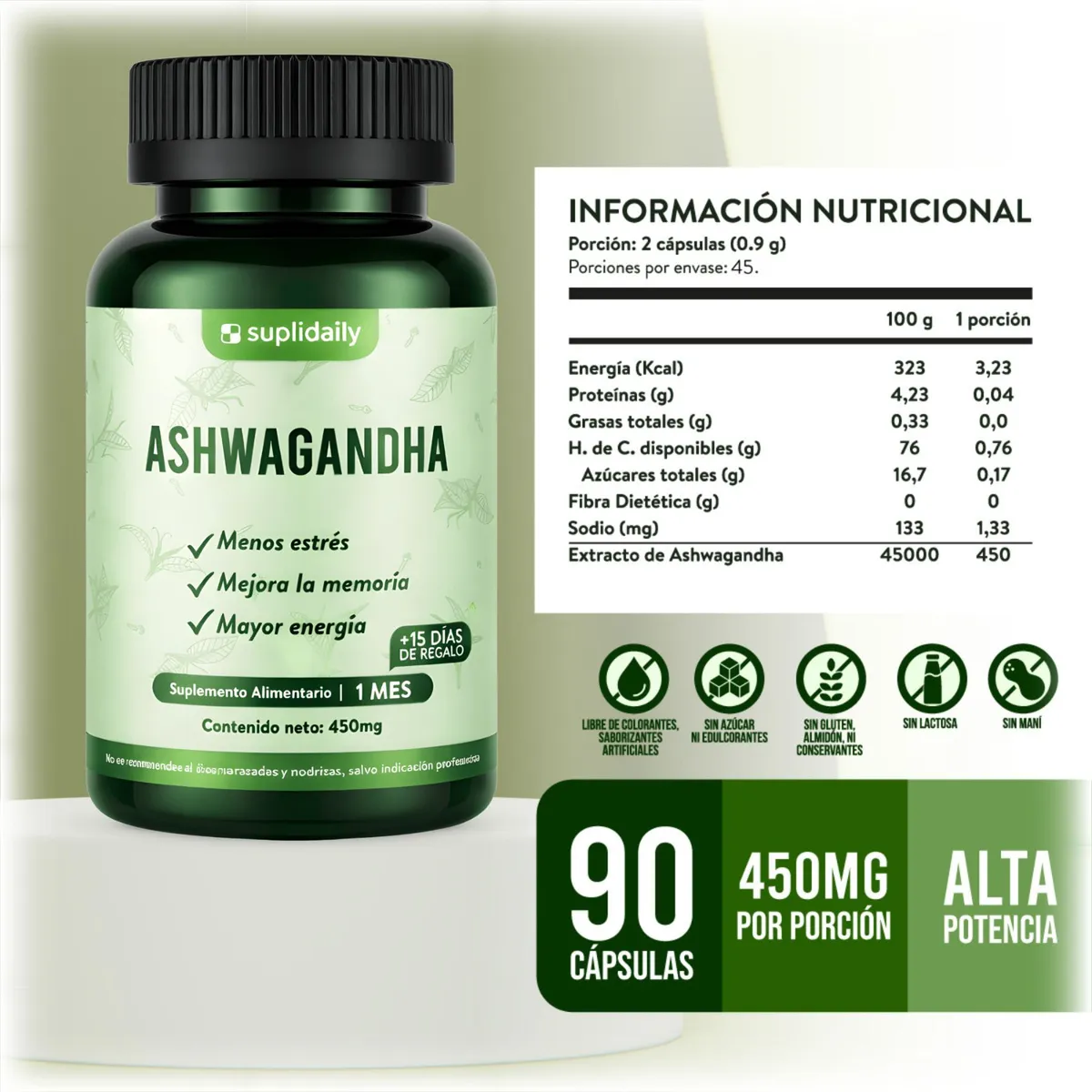 SUPLIDAILY - Ashwagandha Premium 450 Mg 3 meses Cápsulas Suplidaily PACK X2