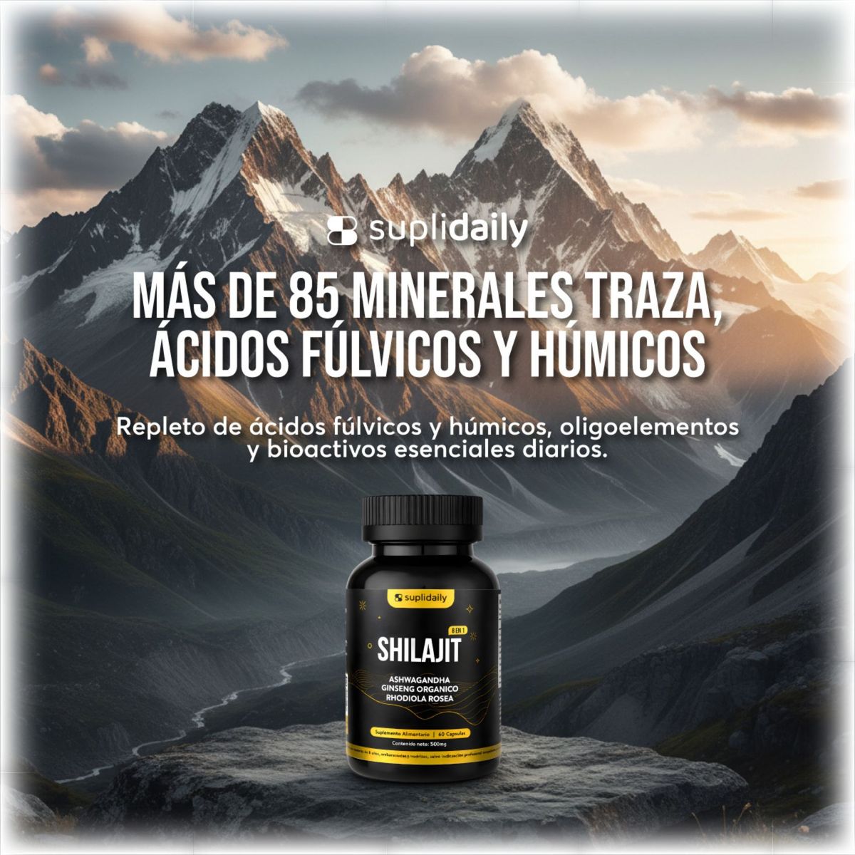 SUPLIDAILY - Shilajit Puro Himalaya 1000mg 60 Cápsulas Vitalidad 1 Mes