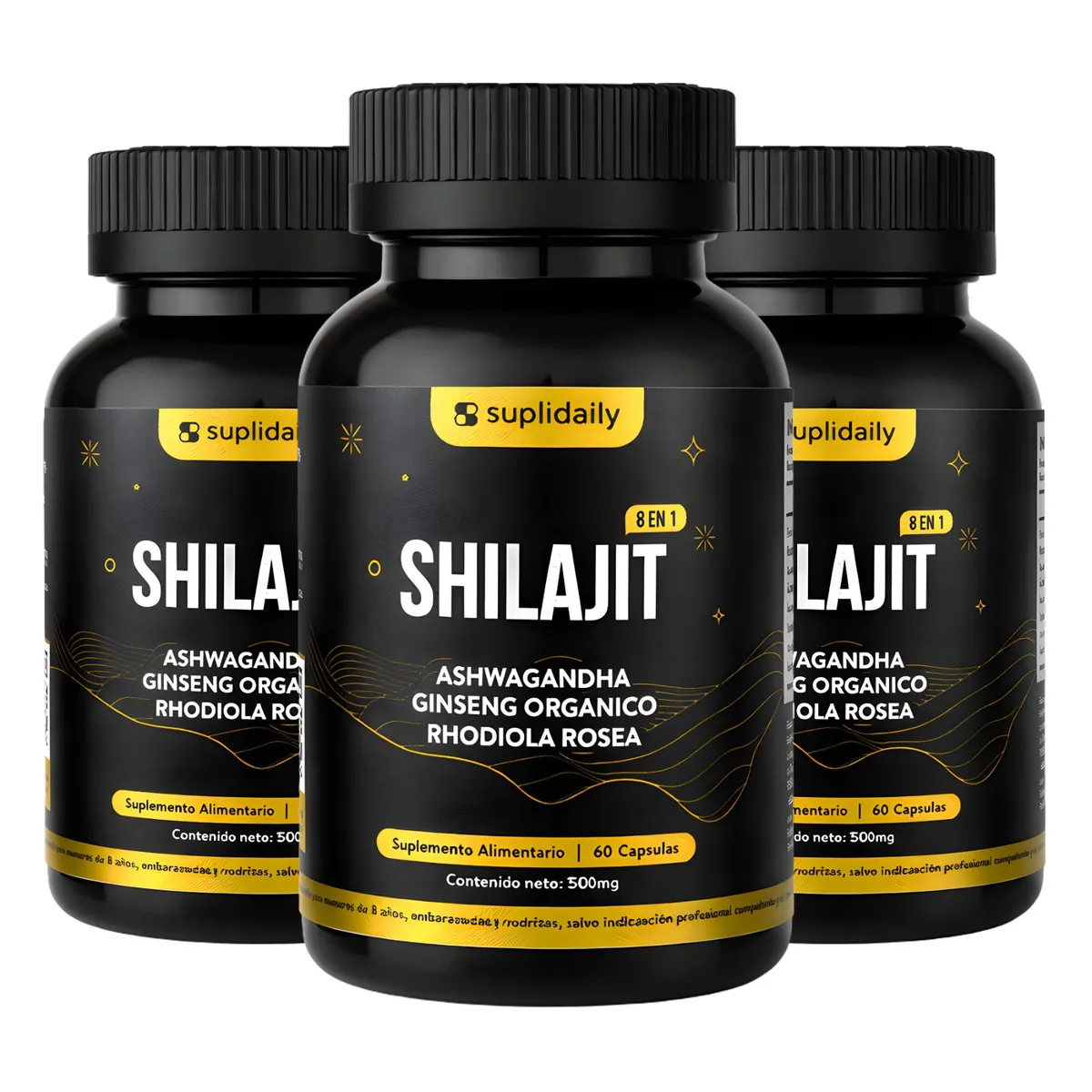 SUPLIDAILY - Shilajit Puro Himalaya 1000mg 180 Cápsulas Vitalidad Pack X3