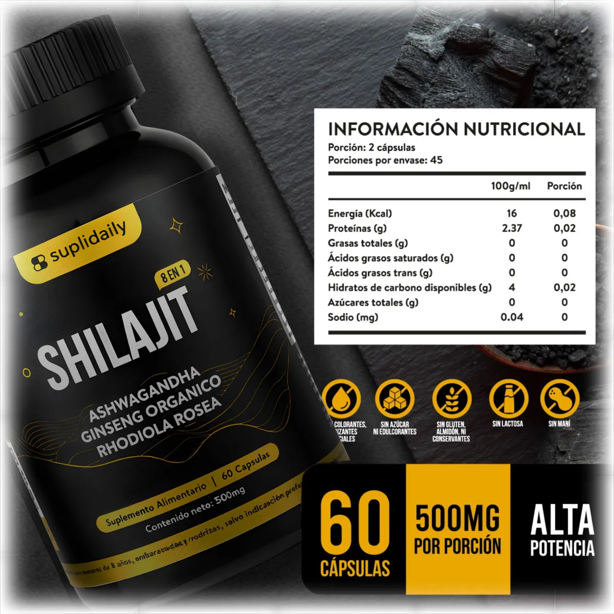 SUPLIDAILY - Shilajit Puro Himalaya 1000mg 180 Cápsulas Vitalidad Pack X3