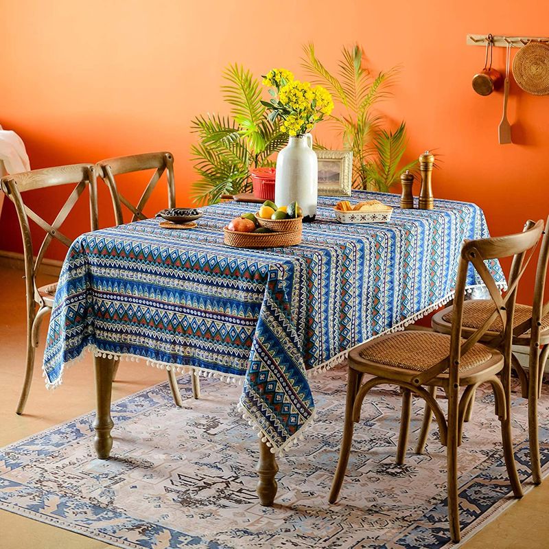 PUREPOWER - Mantel Rectángulo Boho Flecos Pompas Algodón Lino 140x300cm-Azul