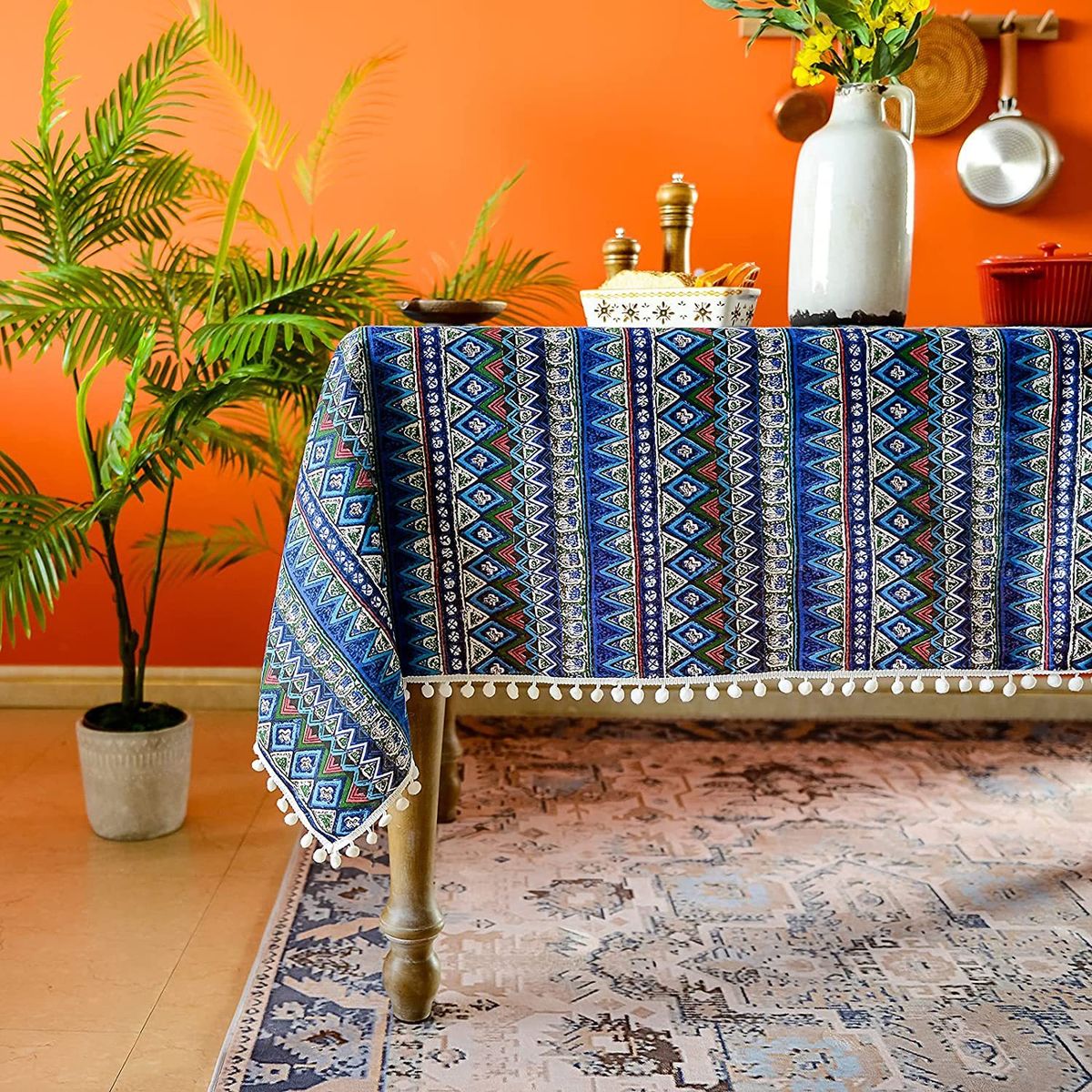 PUREPOWER - Mantel Rectángulo Boho Flecos Pompas Algodón Lino 140x240cm-Azul