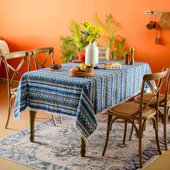 PUREPOWER - Mantel Rectángulo Boho Flecos Pompas Algodón Lino 140x180cm-Azul