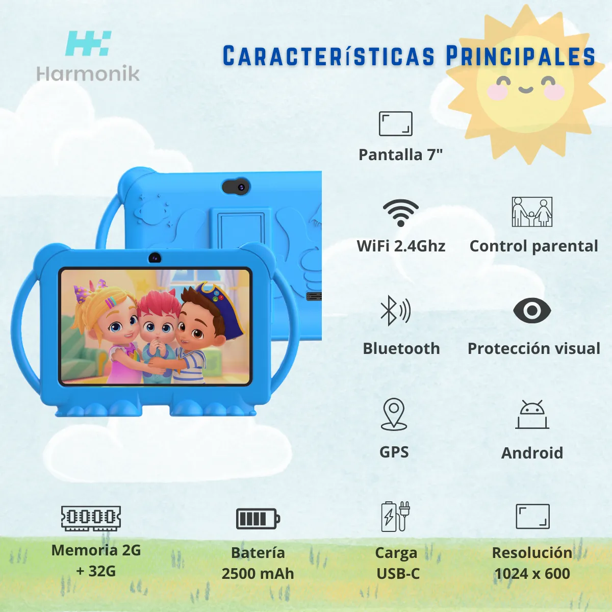 HARMONIK - Tablet Para Niños 7 2g-32g Control Parental Wifi Playstore Con Funda Protectora Azul
