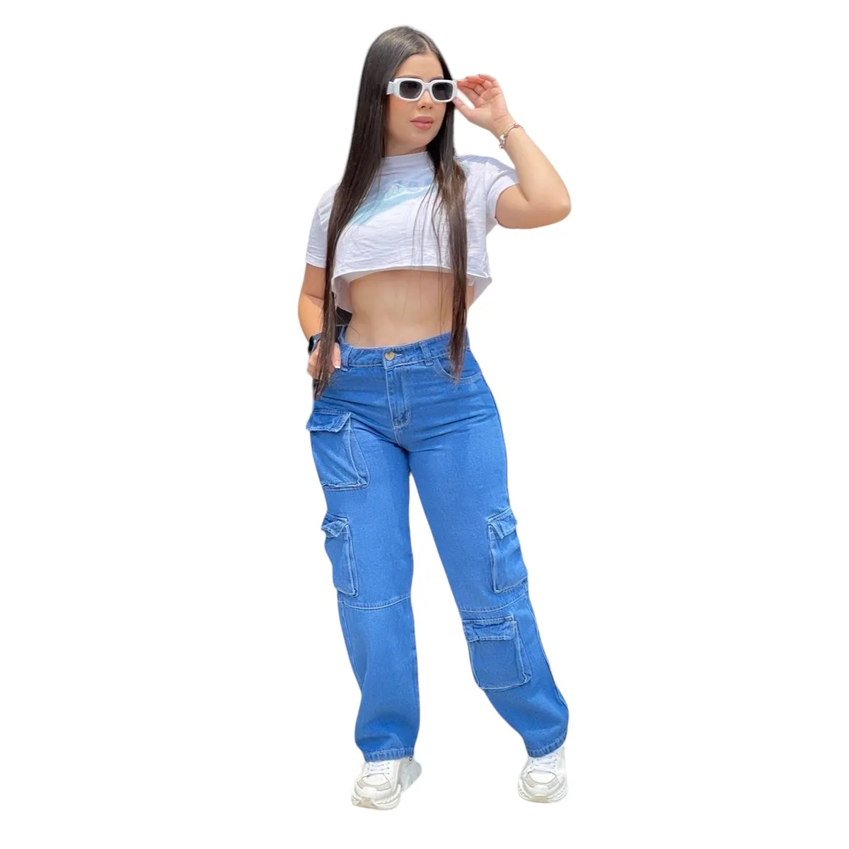 CINTURA SONADA - Jeans Cargo Colombiano Mujer Tiro Alto Azul