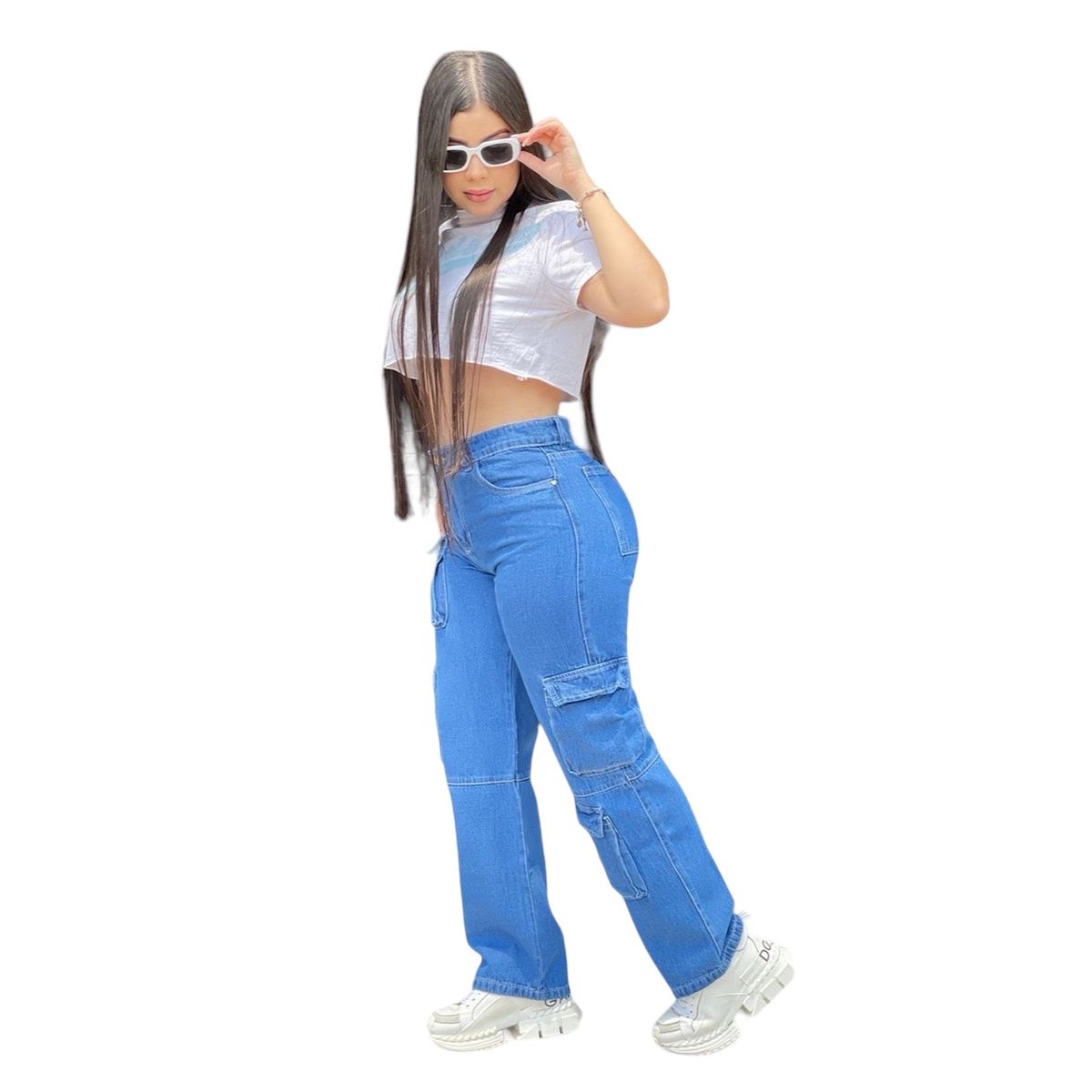 CINTURA SONADA - Jeans Cargo Colombiano Mujer Tiro Alto Azul