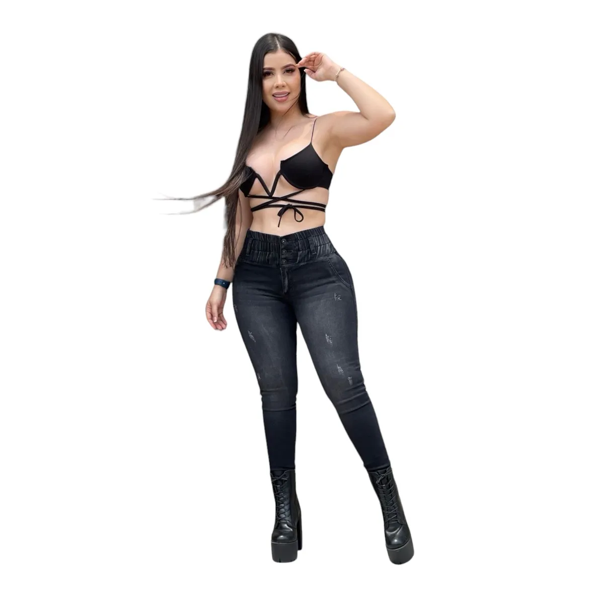 CINTURA SONADA - Jeans Push Up Colombiano Mujer Negro Tiro Alto