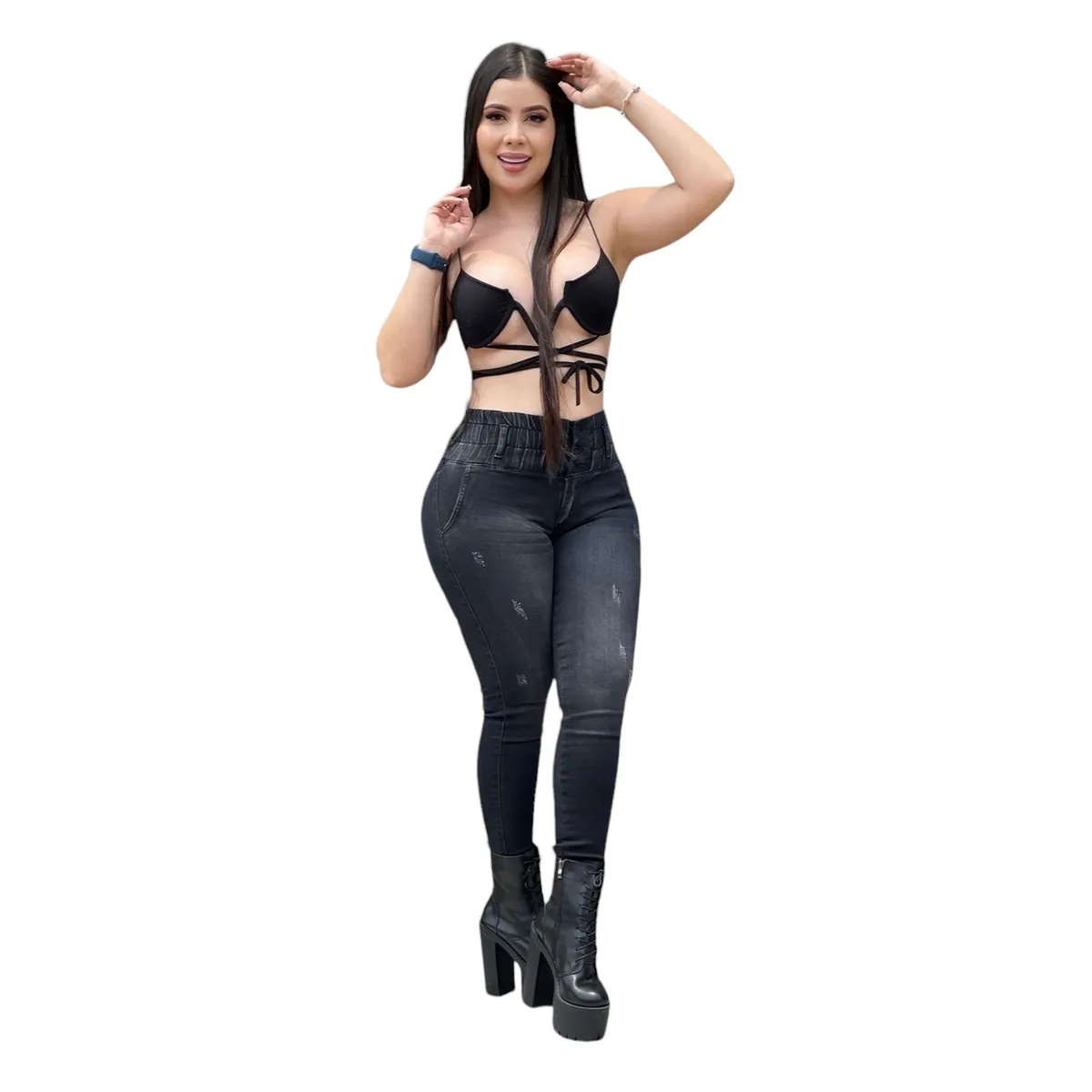 CINTURA SONADA - Jeans Push Up Colombiano Mujer Negro Tiro Alto
