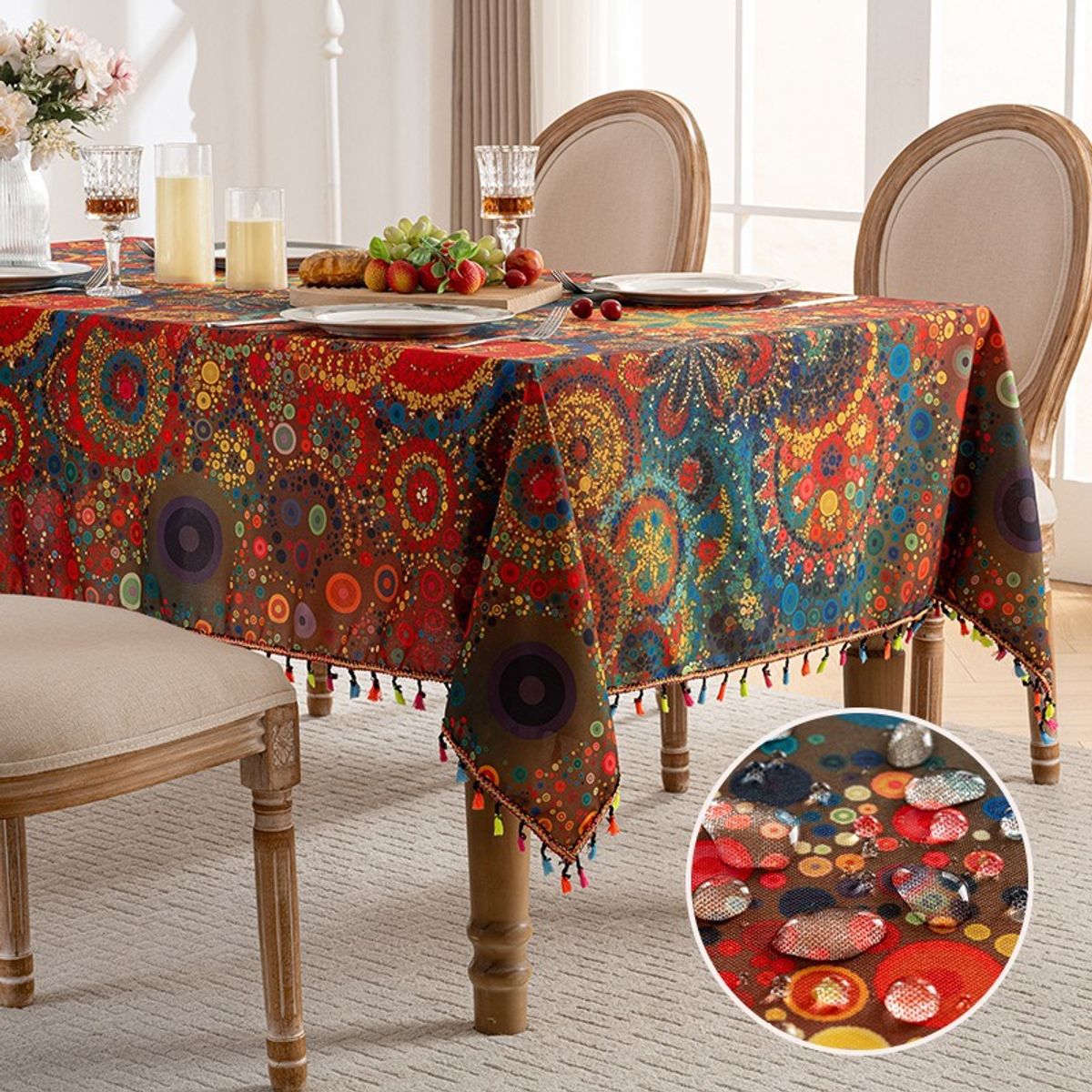 PUREPOWER - Mantel Bohemio Rojo Puntos Polka con Flecos 90x150cm