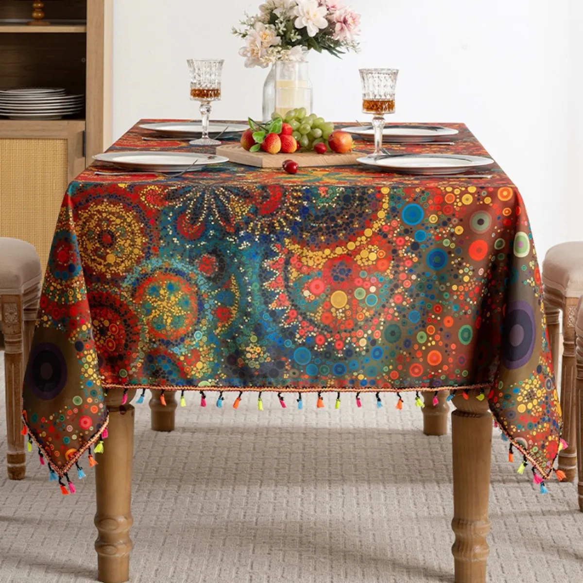 PUREPOWER - Mantel Bohemio Rojo Puntos Polka con Flecos 150x150cm