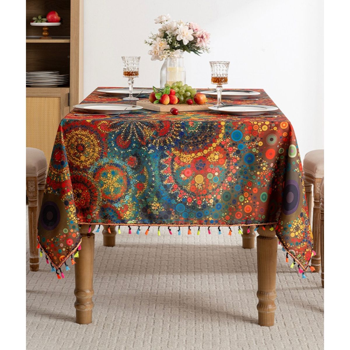 PUREPOWER - Mantel Bohemio Rojo Puntos Polka con Flecos 150x180cm