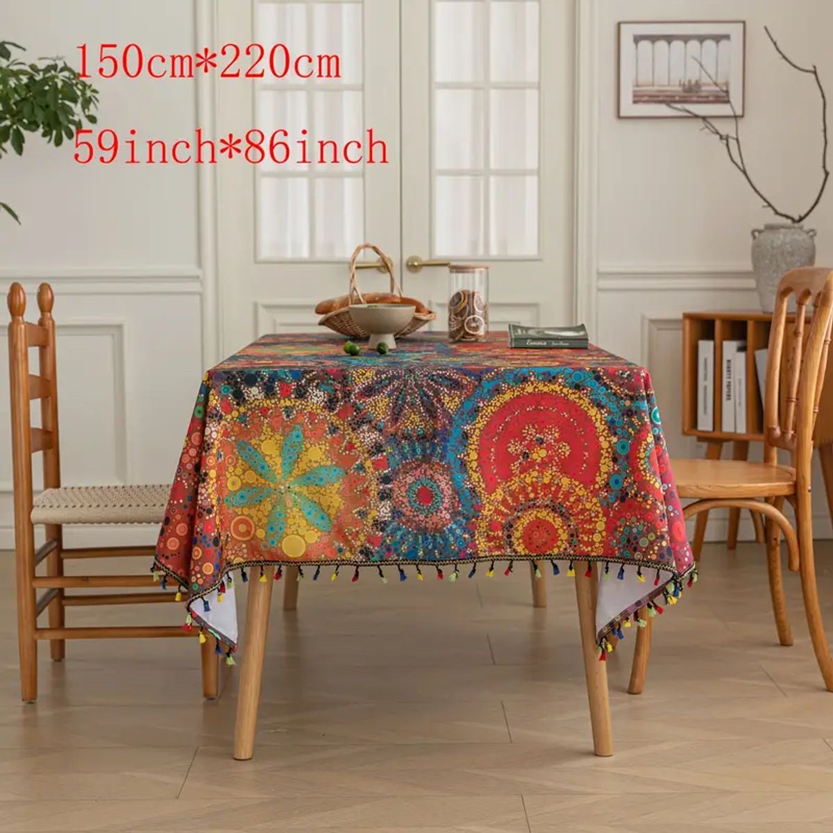 PUREPOWER - Mantel Bohemio Rojo Puntos Polka con Flecos 150x220cm