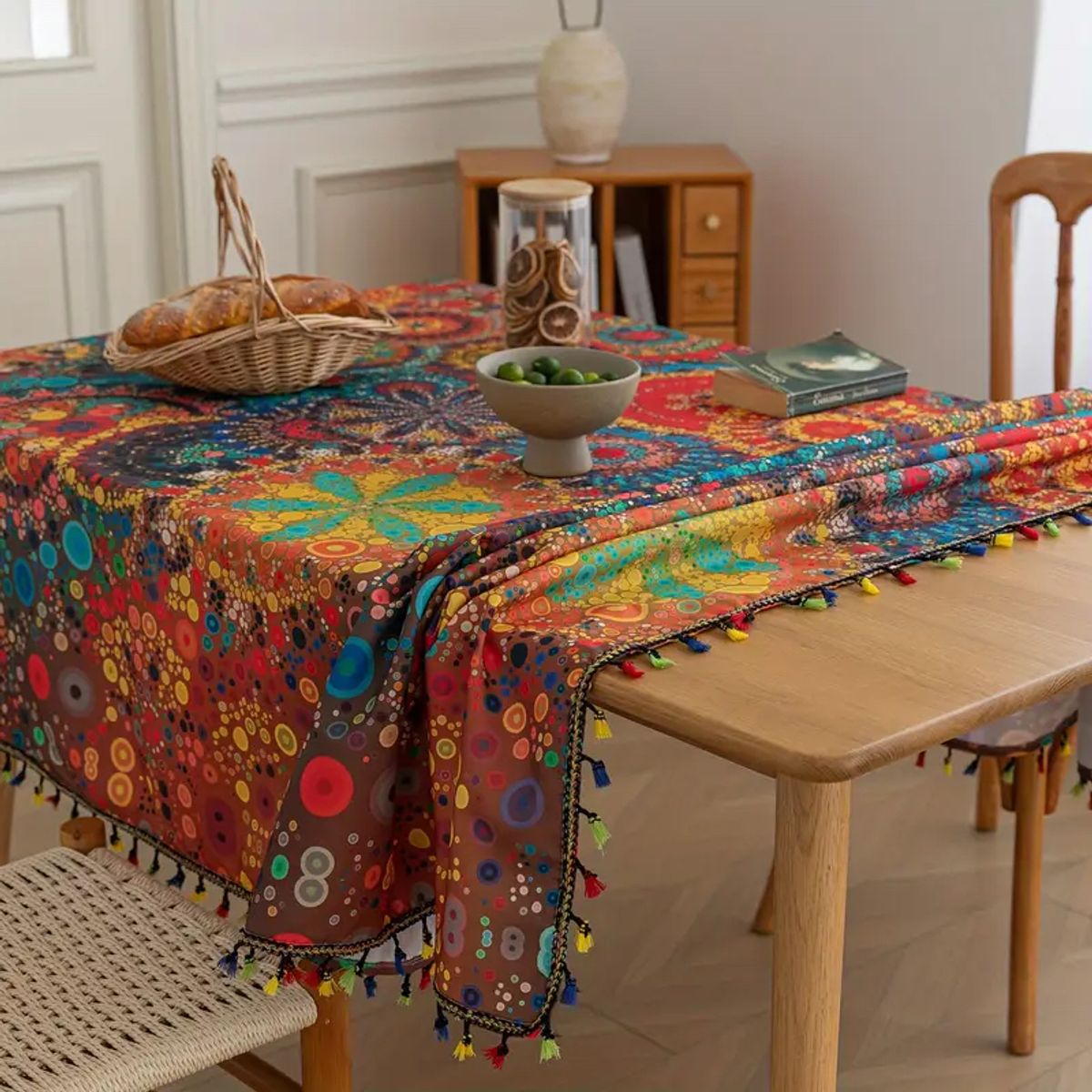 PUREPOWER - Mantel Bohemio Rojo Puntos Polka con Flecos 150x220cm