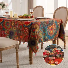 PUREPOWER - Mantel Bohemio Rojo Puntos Polka con Flecos 150x300cm