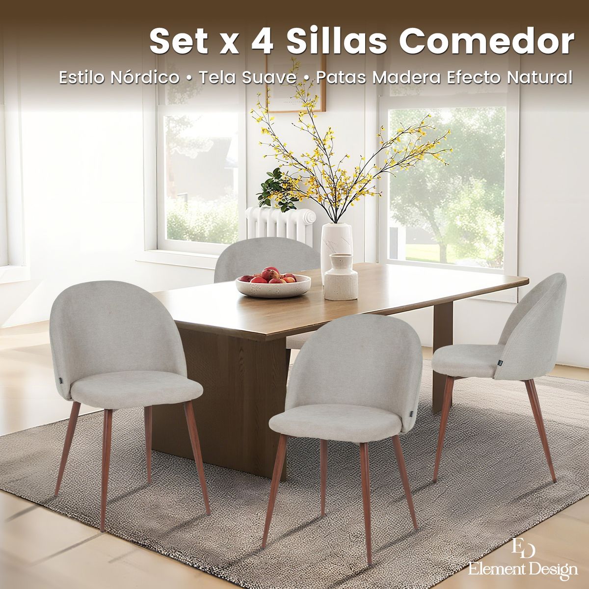 ELEMENT DESIGN - Set 4 Sillas de Comedor Nórdico con Patas Metálicas Tela Crema Neutro