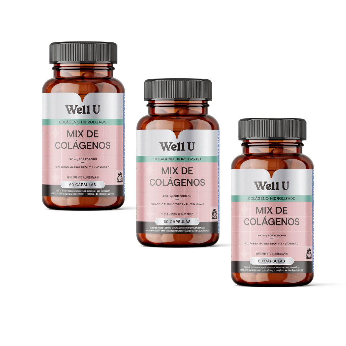 WELL U - Pack x 3 Colagenos Hidrolizados 800mg 60 Capsulas WELL U