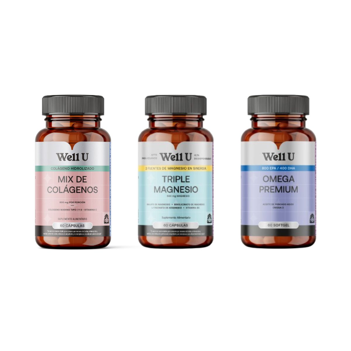 WELL U - Pack x3 Triple Magnesio Omega Premium Colagenos Hidrolizados Well U
