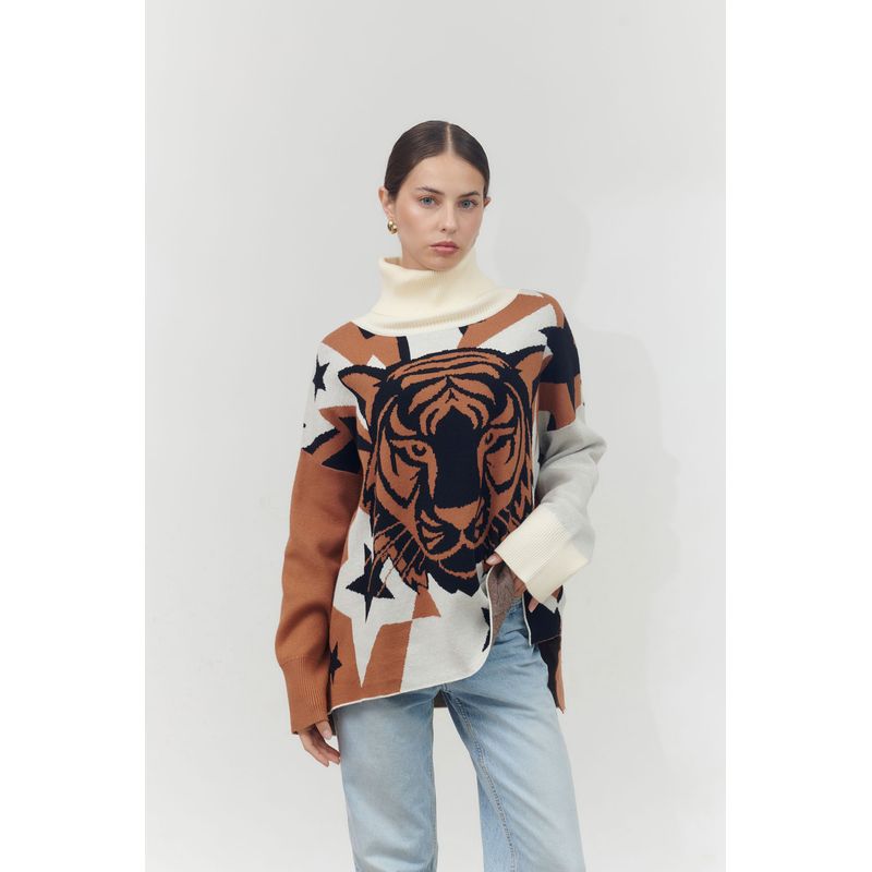 GUINDA - Sweater cuello alto estampado tigre MIVA GUINDA