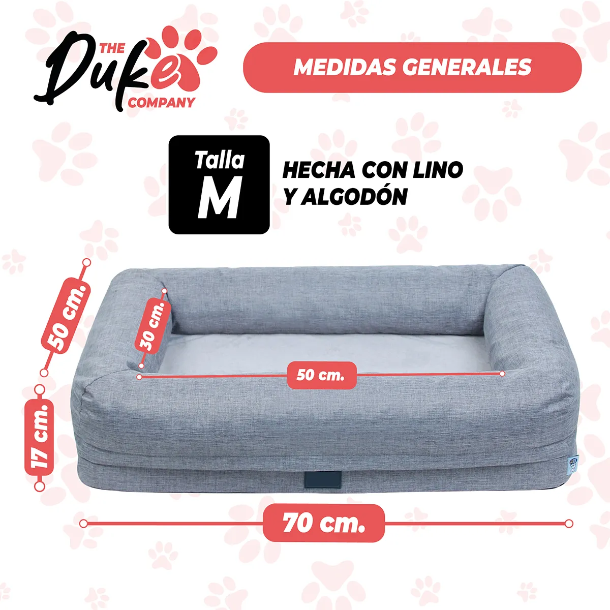 THE DUKE COMPANY - Cama de perro cuadrada talla M 70 x 50 x 16 cm Gris