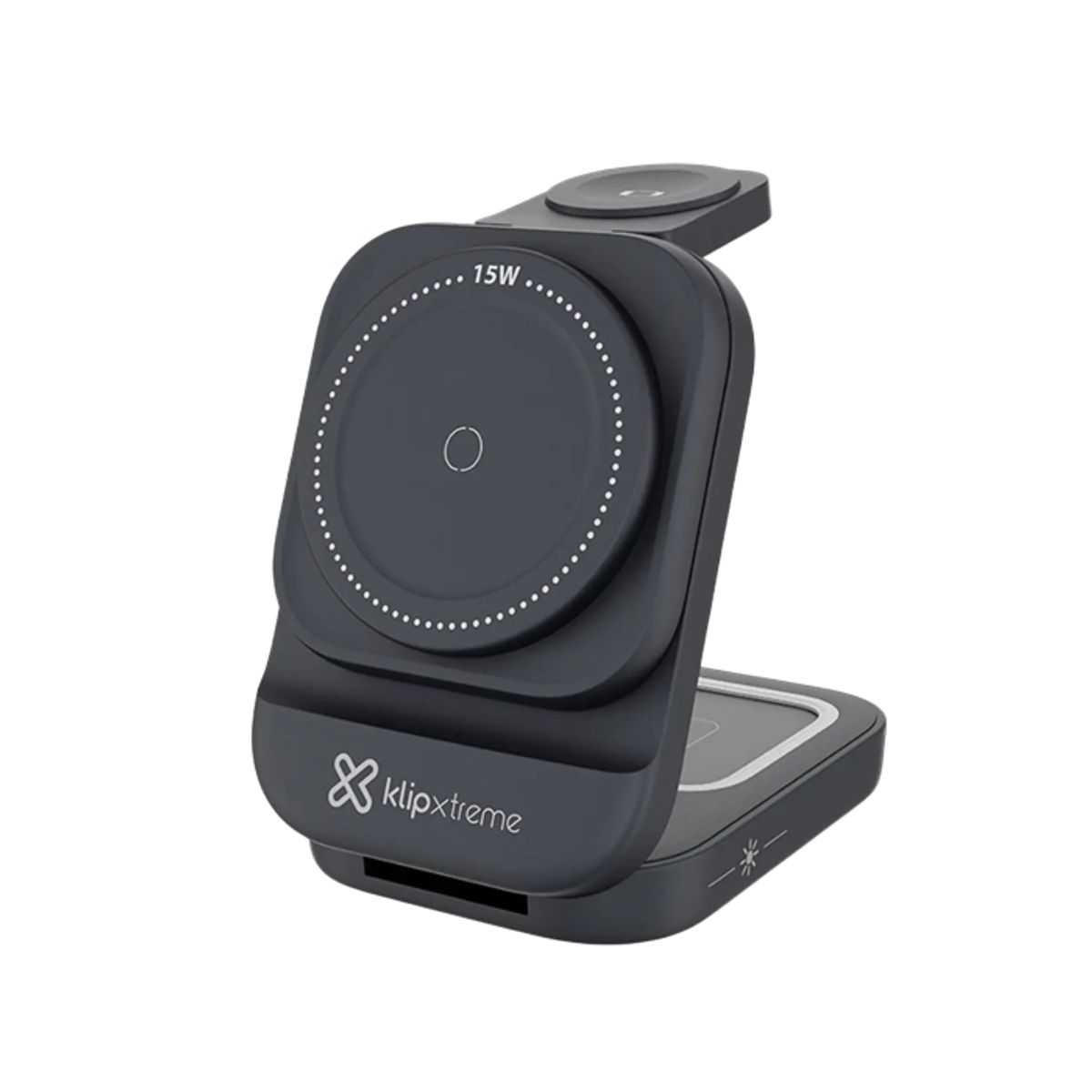 KLIP XTREME - Klip Xtreme KDC-150, Cargador Inalámbrico 3 en 1, 15W, Plegable, Con Lámpara, Para Smartphone, AirPods y Apple Watch, USB-C, Compatible MagSafe y Qi