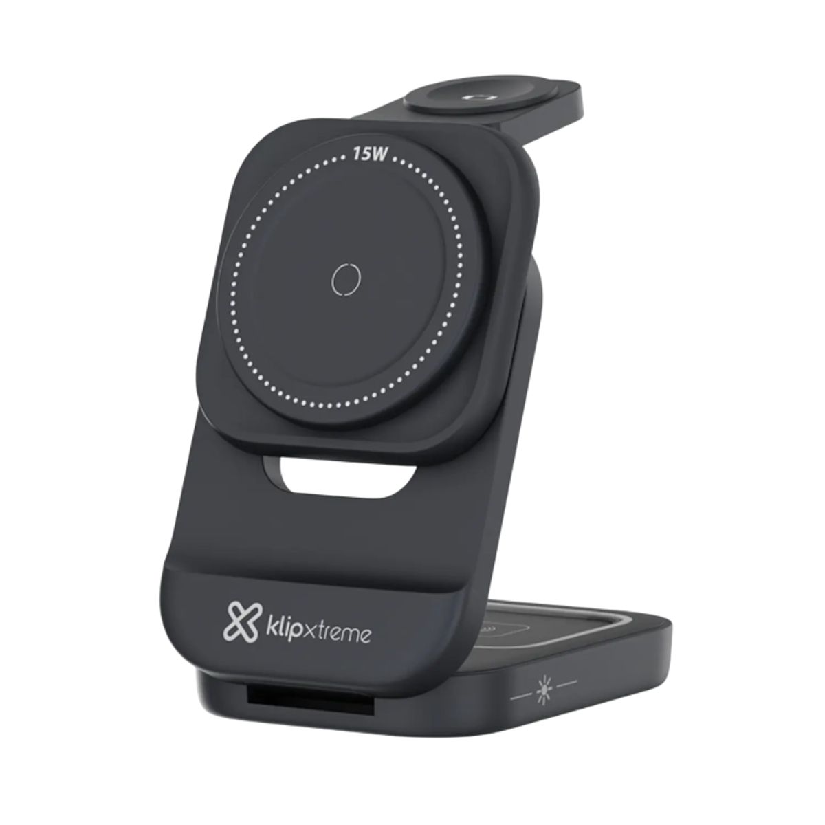 KLIP XTREME - Klip Xtreme KDC-150, Cargador Inalámbrico 3 en 1, 15W, Plegable, Con Lámpara, Para Smartphone, AirPods y Apple Watch, USB-C, Compatible MagSafe y Qi