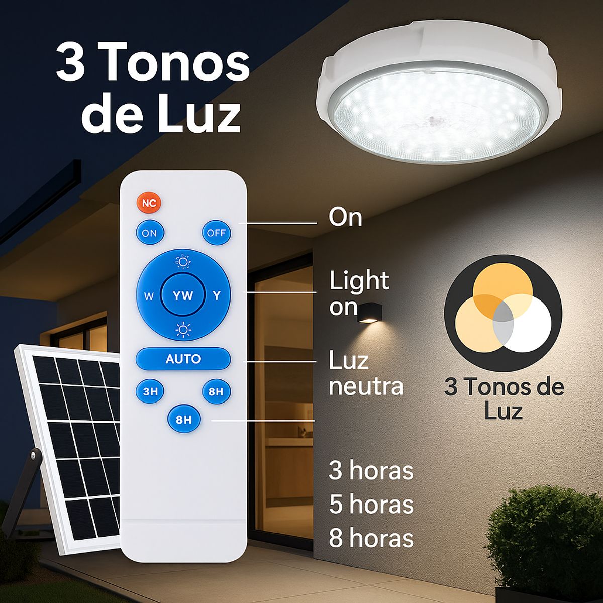 GENERICO - Foco Panel Solar Sobrepuesto Luz Techo Interior 100w 3 Tonos De Luz