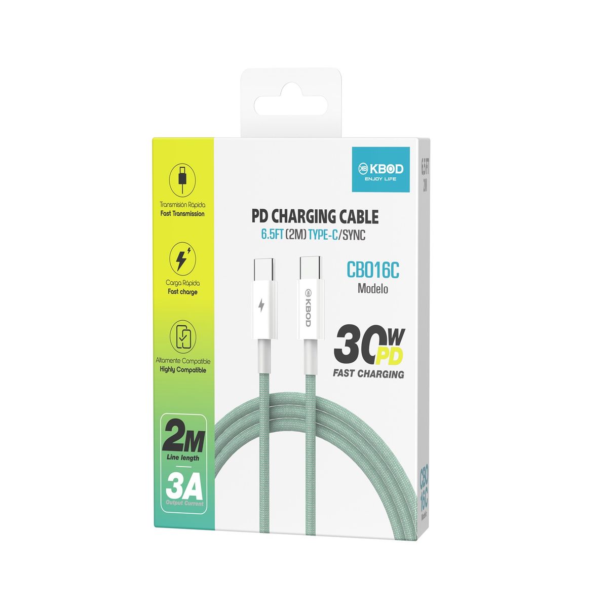 KBOD - Cable Tipo C Para Teléfonos Trenzado De Nylon 2mt Kbod Cbo16 Verde