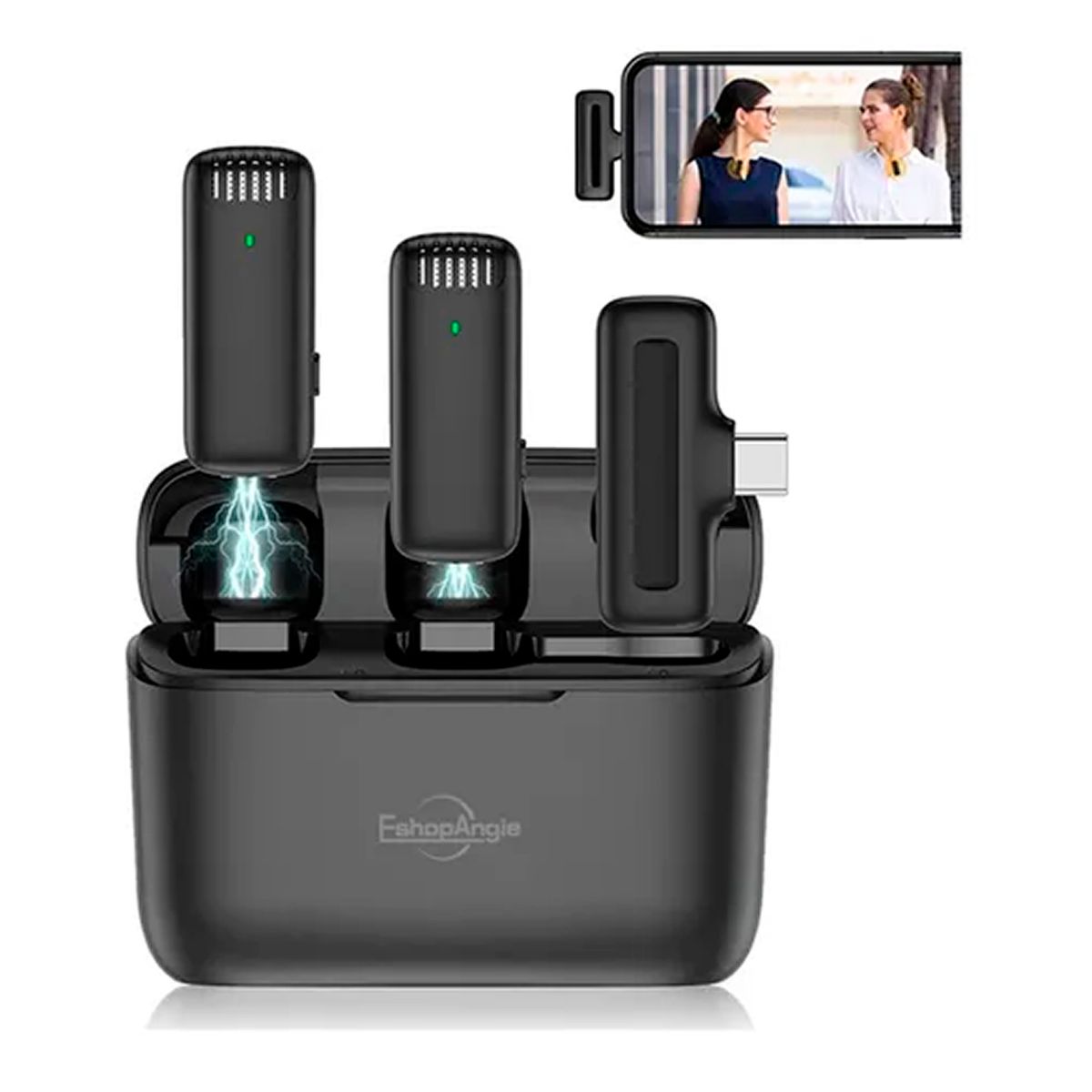 ESHOPANGIE - Micrófono Inalámbrico Doble Solapa + Estuche Entrada Usb C