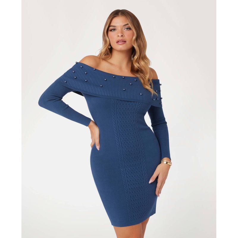 GUESS - Vestido Ls Off Shldr Amber Cable Dress Mujer Azul