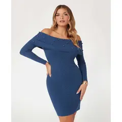 GUESS - Vestido Ls Off Shldr Amber Cable Dress Mujer Azul