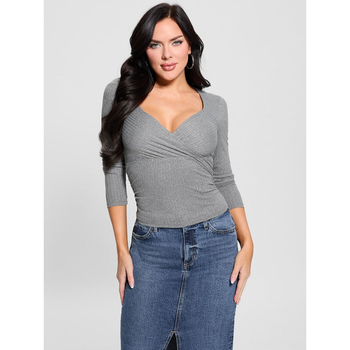 GUESS - Polera Ls Amira Shirred Rib Top Gris