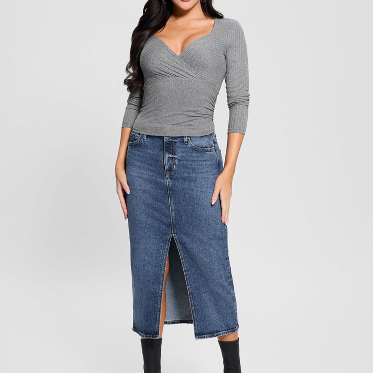 GUESS - Polera Ls Amira Shirred Rib Top Gris