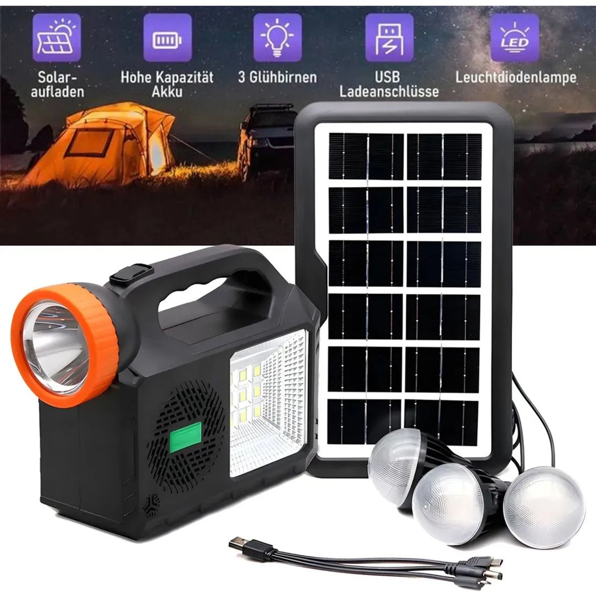 GENERICO - Kit Solar Con Parlante Linterna Foco Cargador - Radio