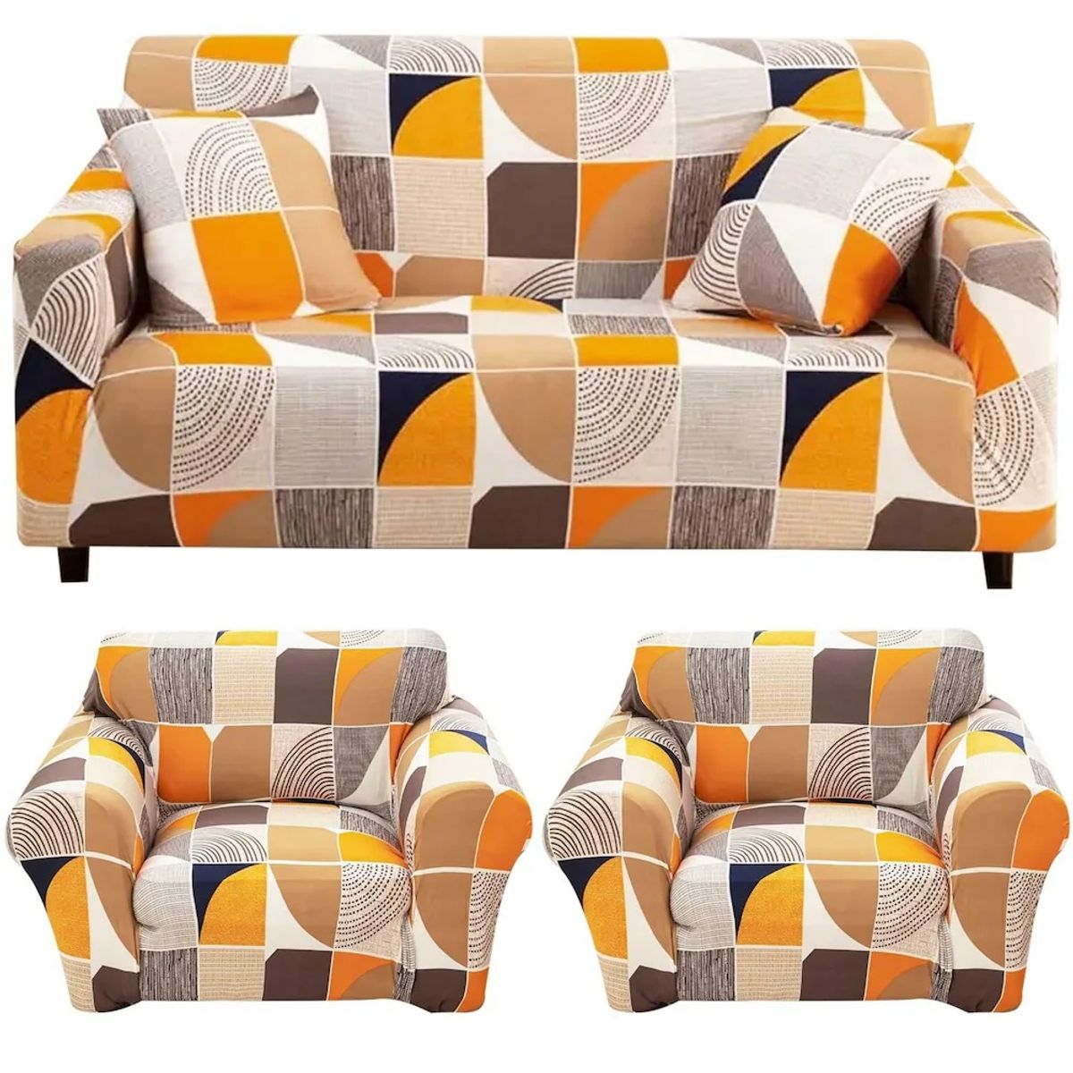 GENERICO - FUNDAS PARA  MUEBLE 3+1+1 CUBRE SILLON  TELA ELASTICA DISEÑO NARANJA