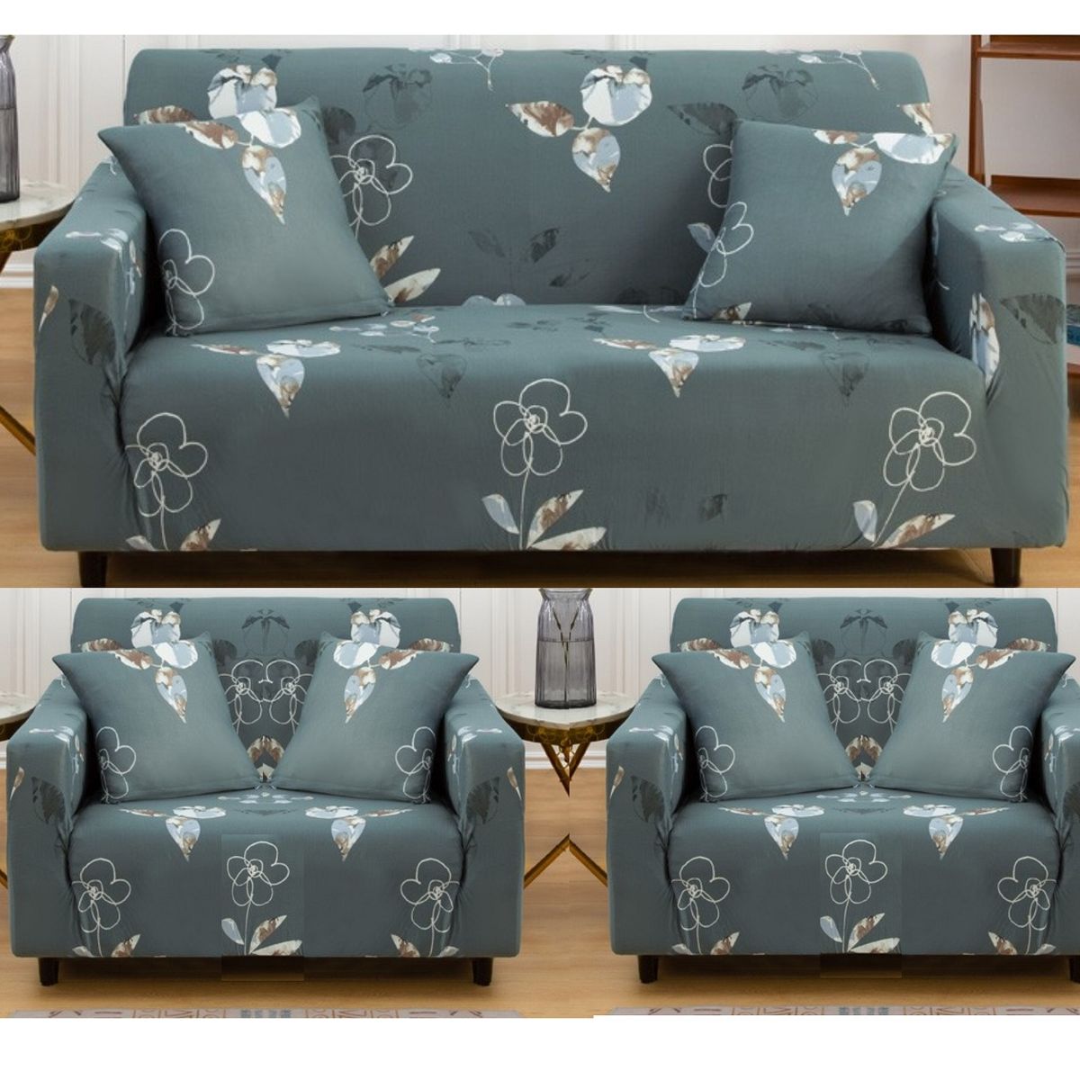 GENERICO - FUNDAS PARA  MUEBLE 3+1+1 CUBRE SILLON  TELA ELASTICA VERDE FLOR TF