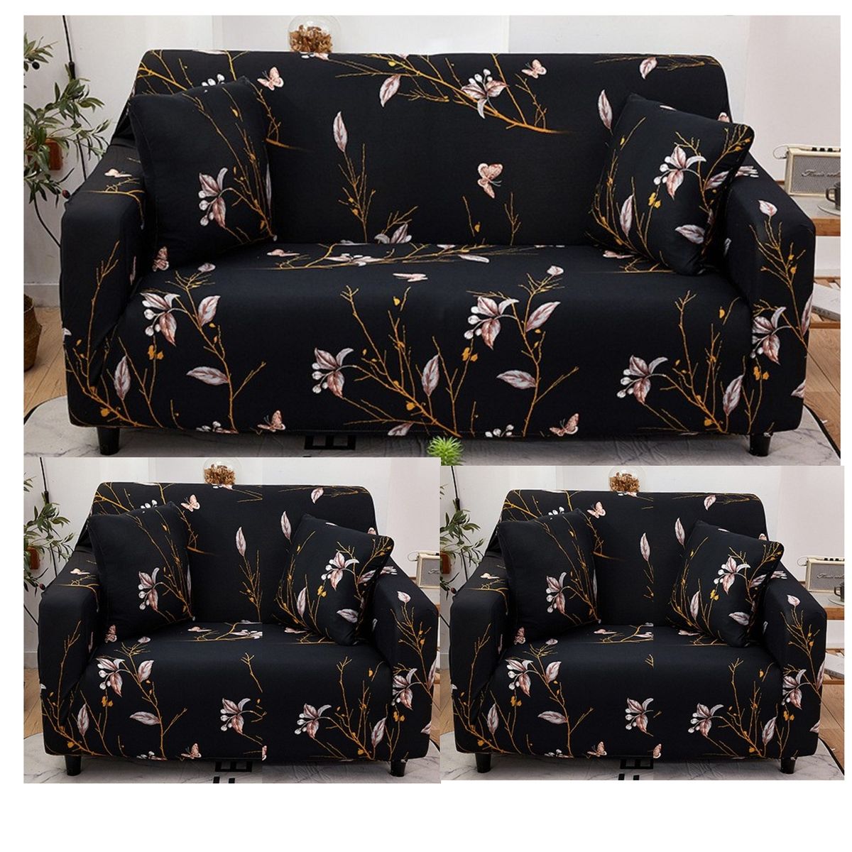 GENERICO - FUNDAS PARA  MUEBLE 3+1+1 CUBRE SILLON  TELA ELASTICA NEGRO FLOR TF