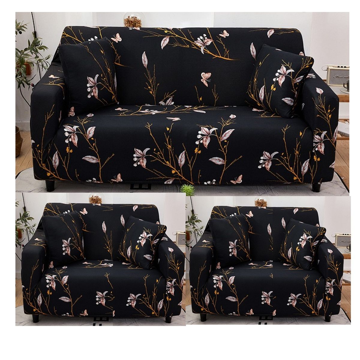 GENERICO - FUNDAS PARA  MUEBLE 3+1+1 CUBRE SILLON  TELA ELASTICA NEGRO FLOR TF