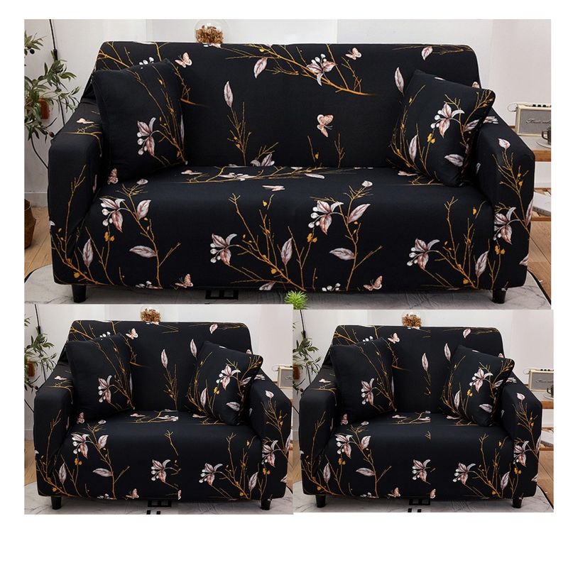 GENERICO - FUNDAS PARA  MUEBLE 3+1+1 CUBRE SILLON  TELA ELASTICA NEGRO FLOR TF