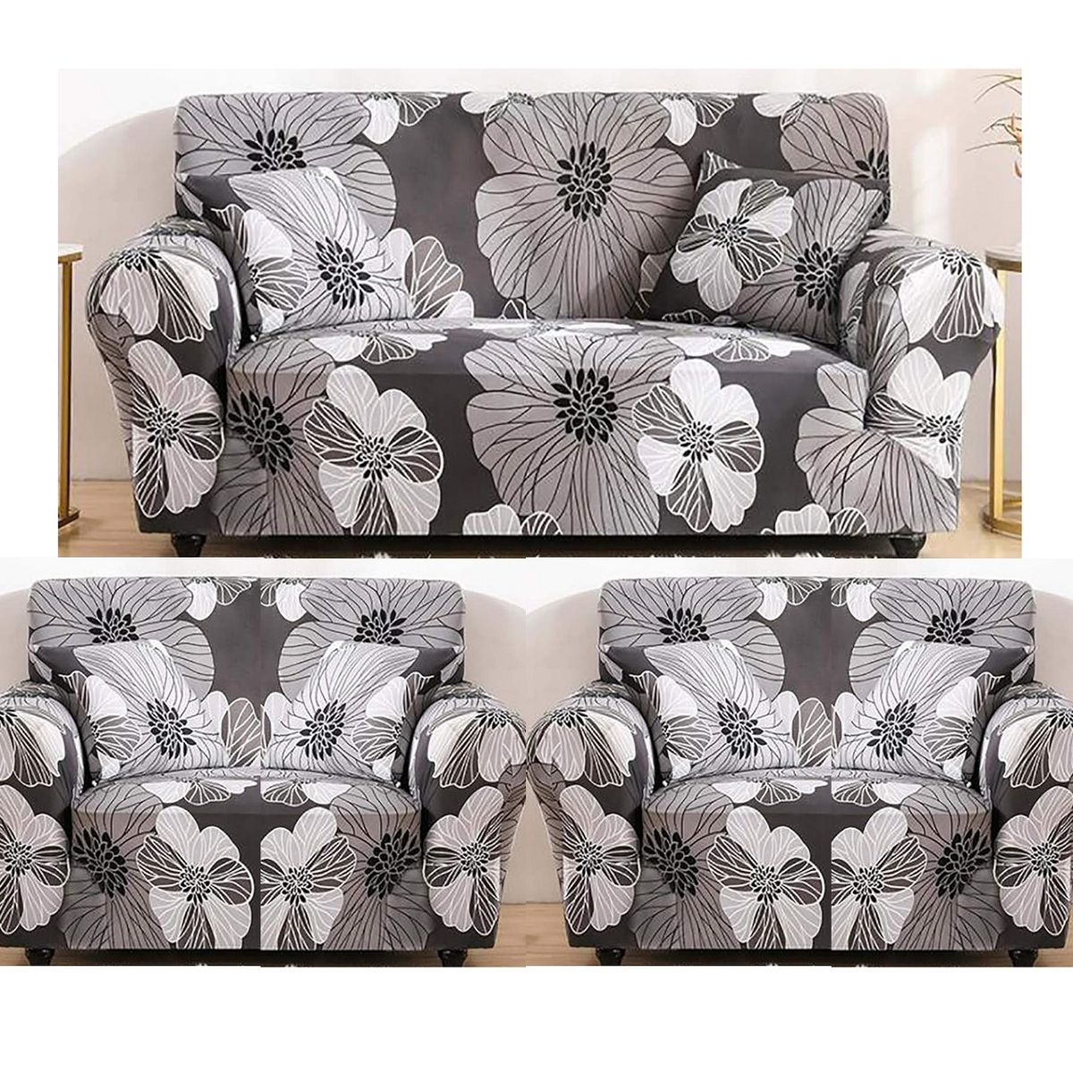 GENERICO - FUNDAS PARA  MUEBLE 3+1+1 CUBRE SILLON  TELA ELASTICA GRIS FLOR TF