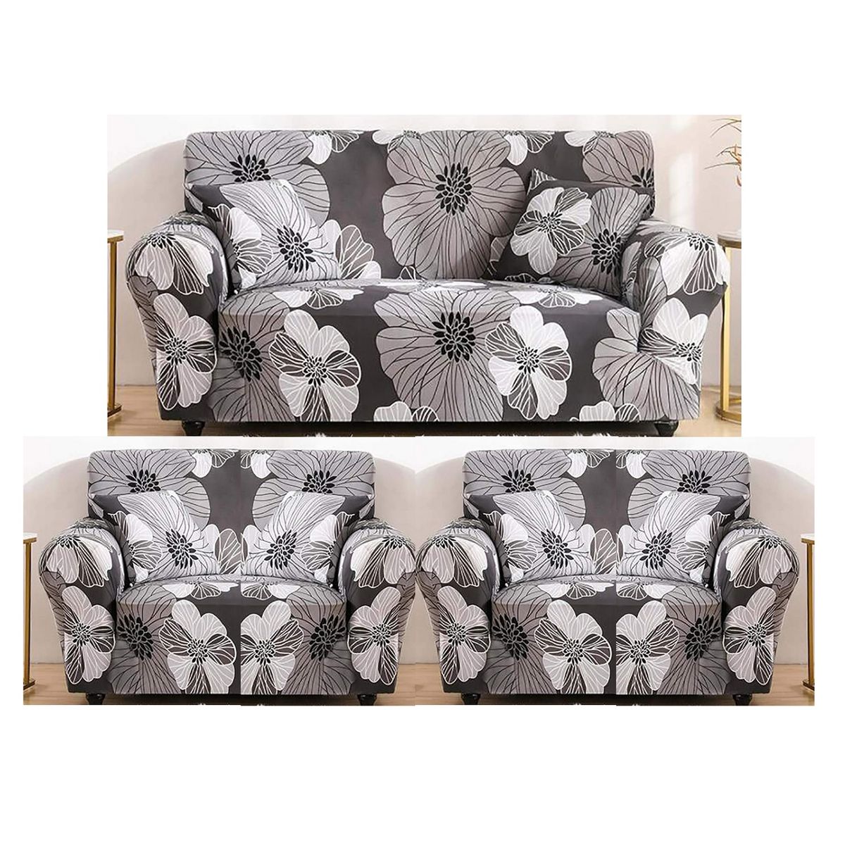 GENERICO - FUNDAS PARA  MUEBLE 3+1+1 CUBRE SILLON  TELA ELASTICA GRIS FLOR TF