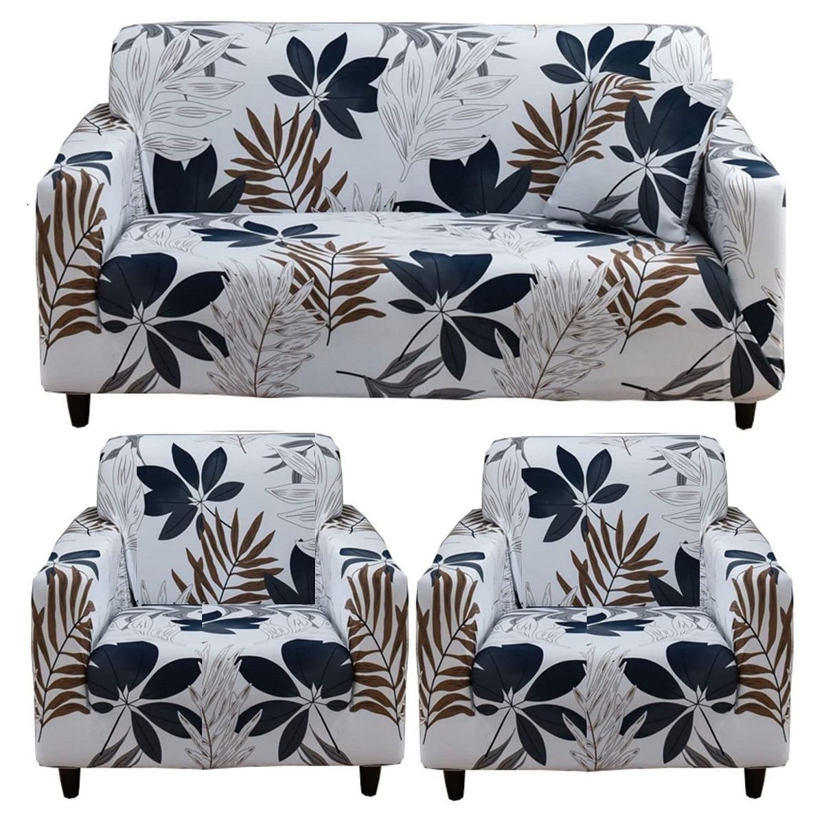 GENERICO - FUNDAS PARA  MUEBLE 3+1+1 CUBRE SILLON  TELA ELASTICA BLANCO HOJAS TF